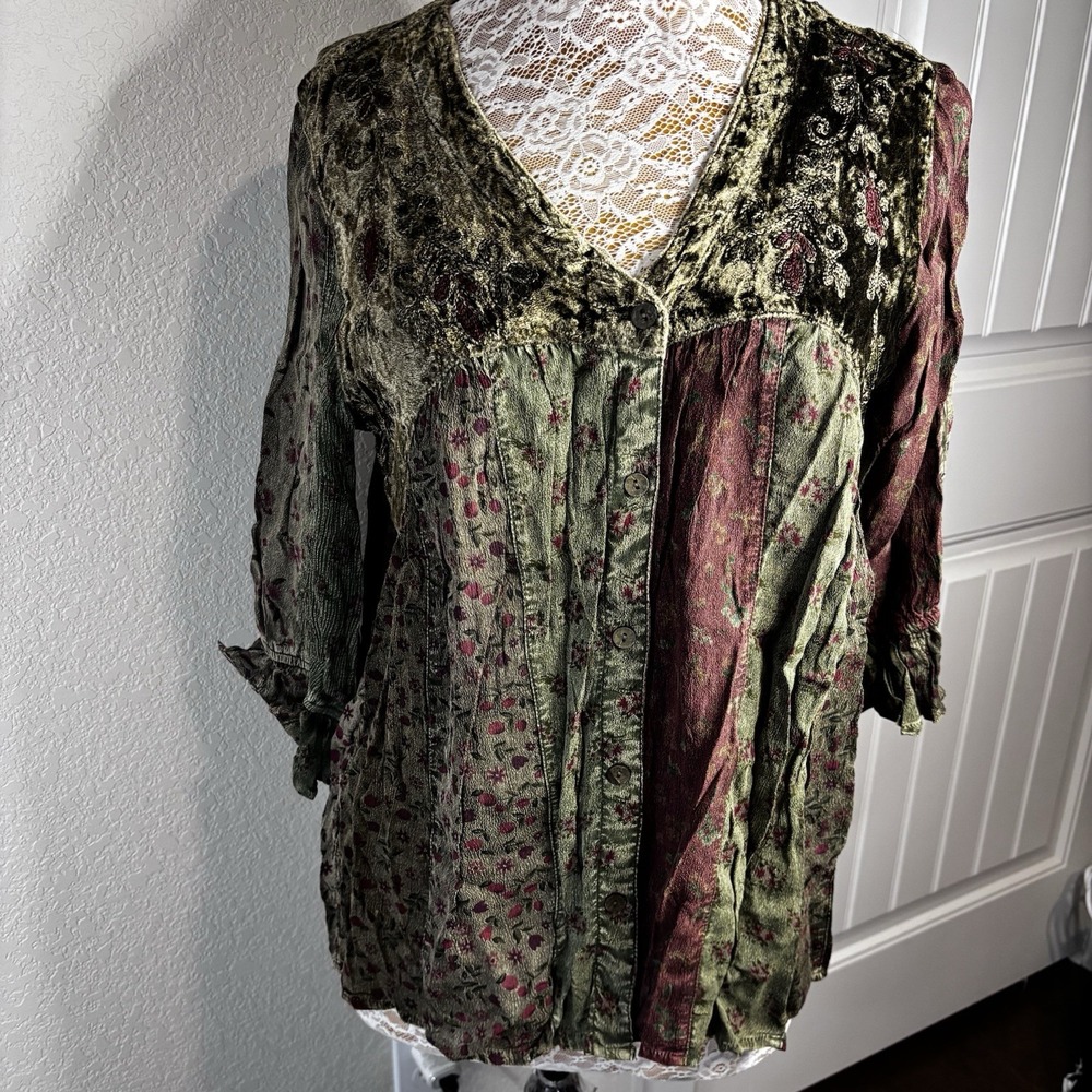 Boho Velvet Patchwork V-Neck Blouse in Olive & Burgundy